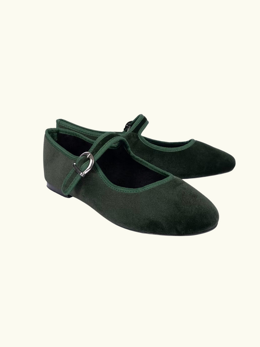 Mary Jane Velvet Shoe - Forest Green