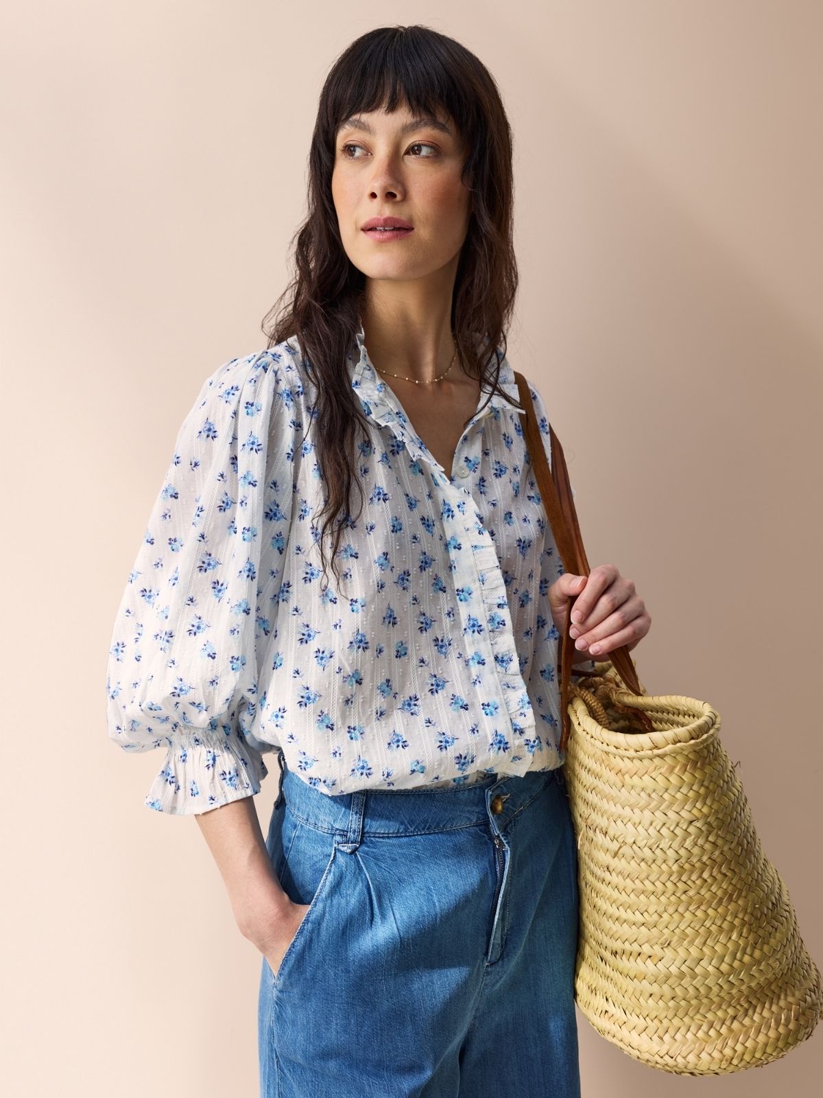 Frankie Ruffle Blouse - Blue Rose Print