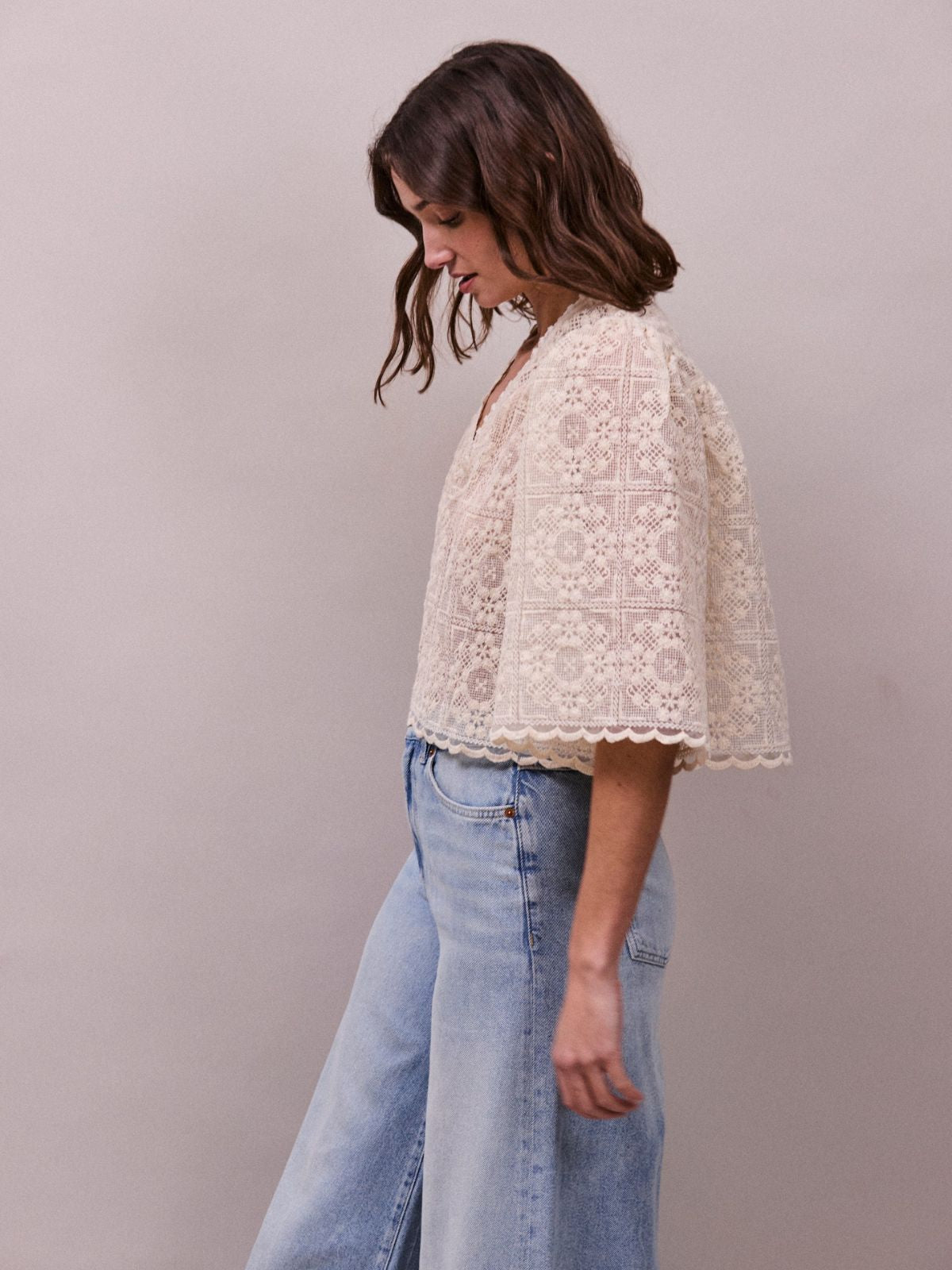 Jean lace Flower Top - Oyster
