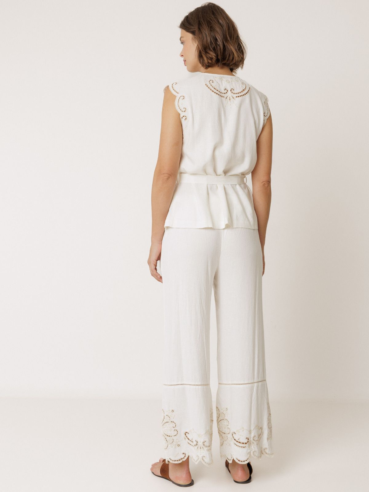 Embroidered Belted Vest - Ecru