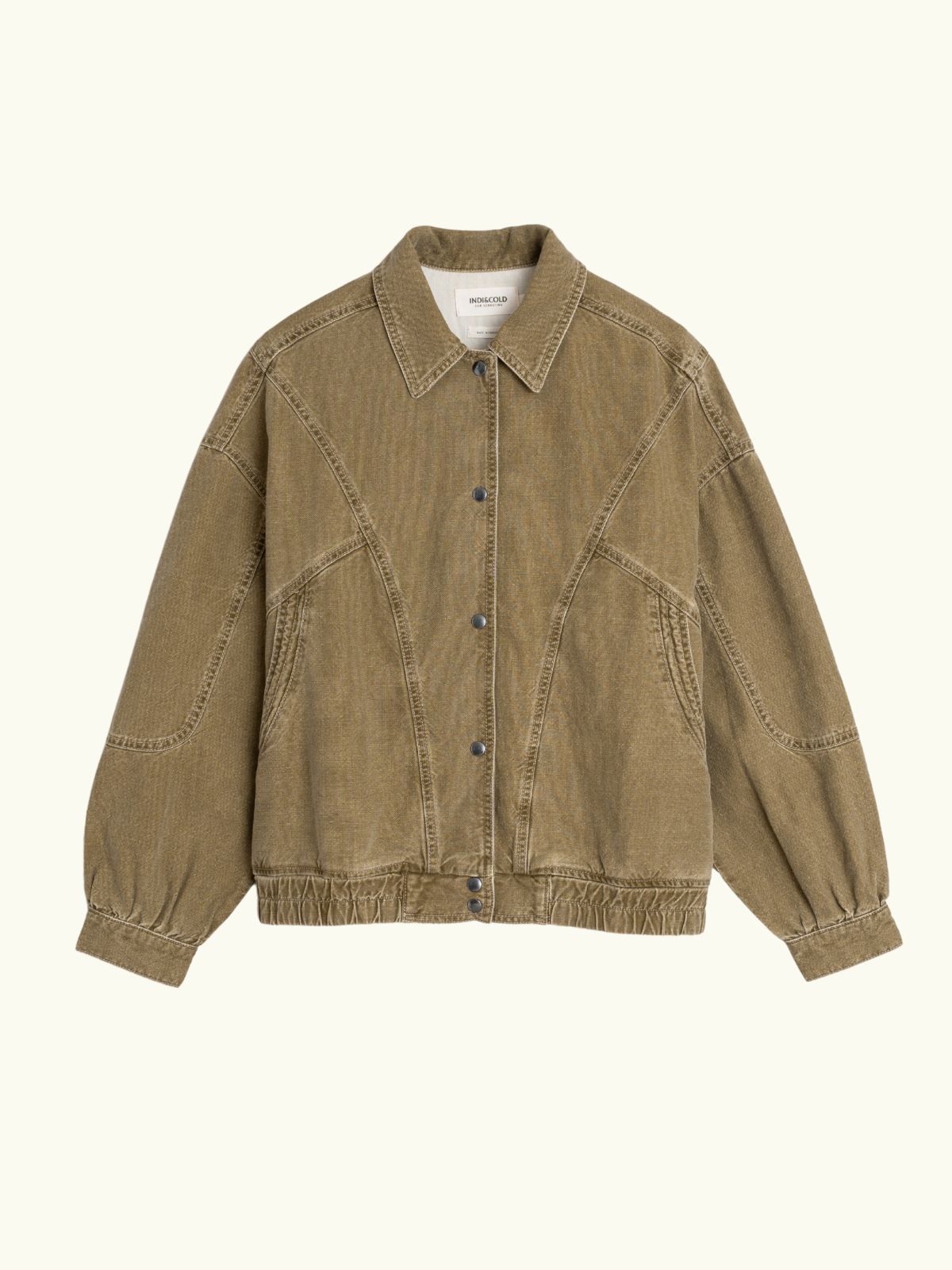INDI & COLD Denim Bomber Jacket in Olive
