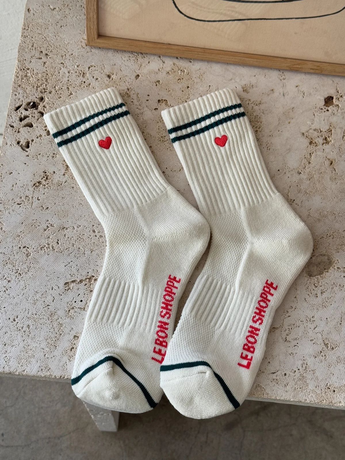Embroidered Boyfriend Socks - Parchment + Heart