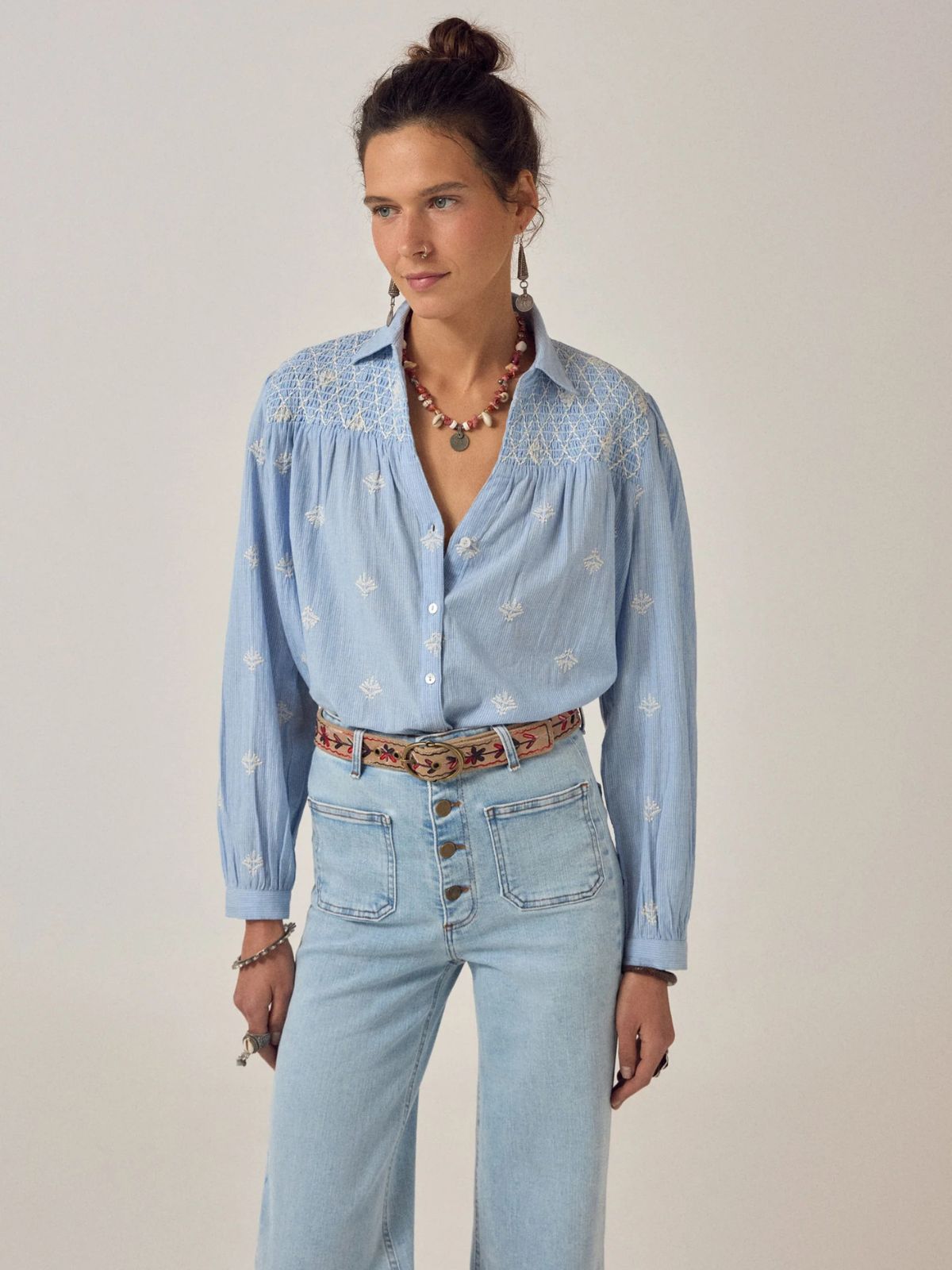 James Pinstripe Embroidered Shirt - Ligh Blue