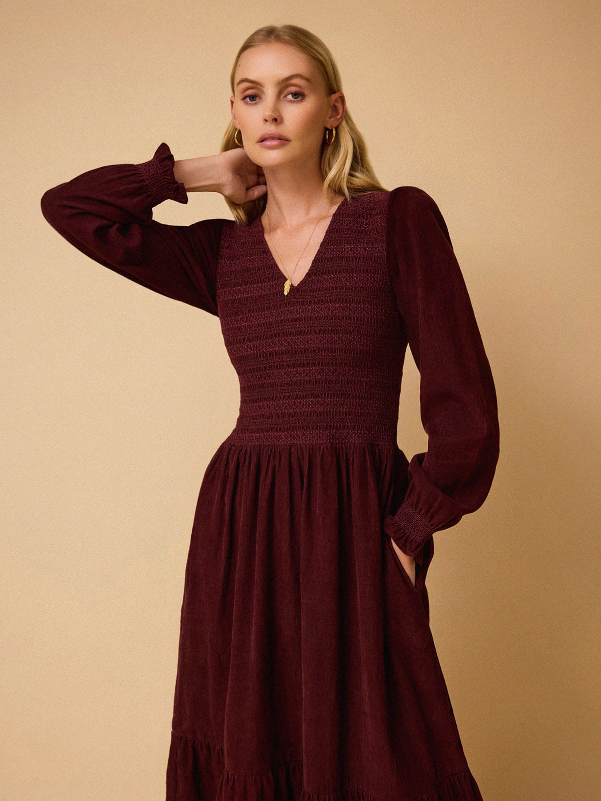 Iris Fashion - BY IRIS - Imogen Smocked Cord Dress – Burgundy