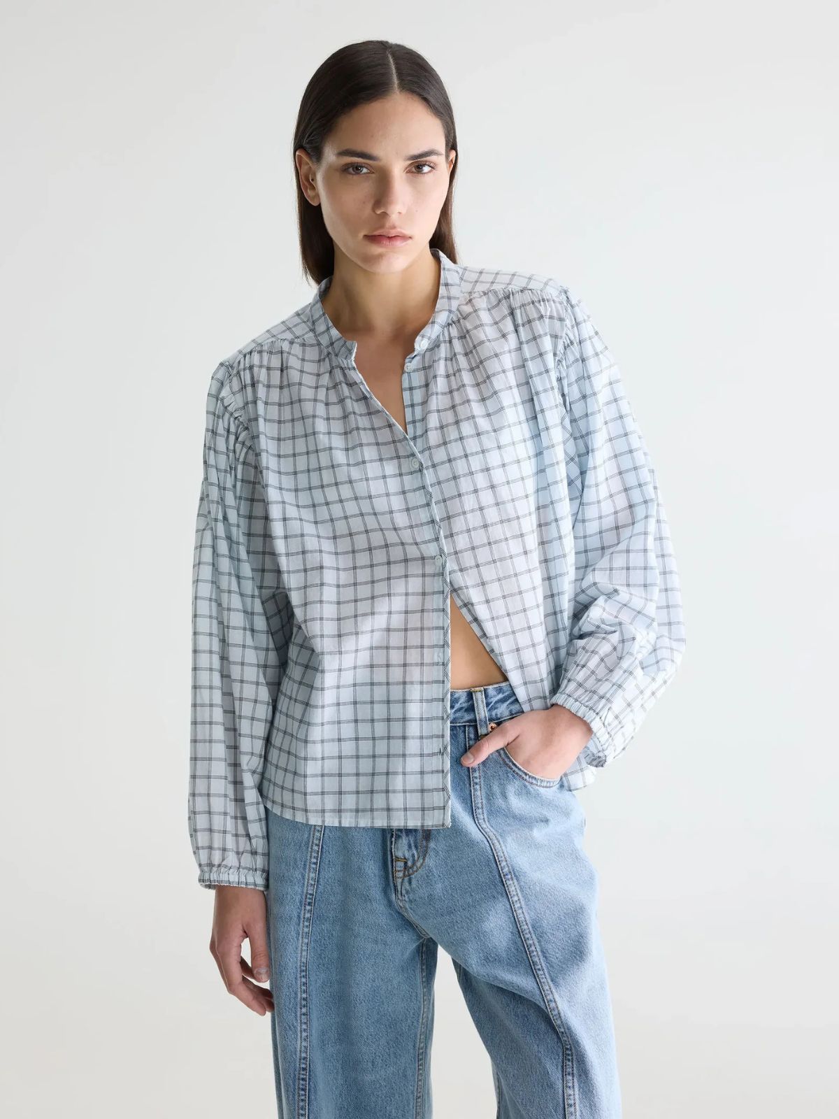 Cherry Check Blouse - Light Blue