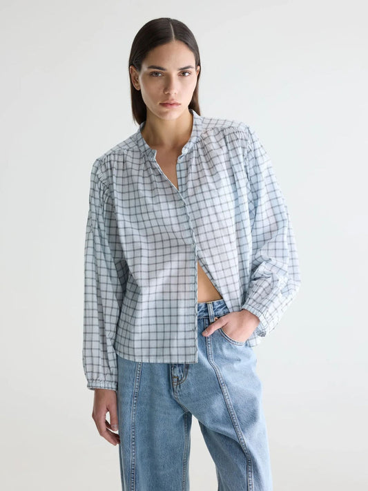 Cherry Check Blouse - Light Blue