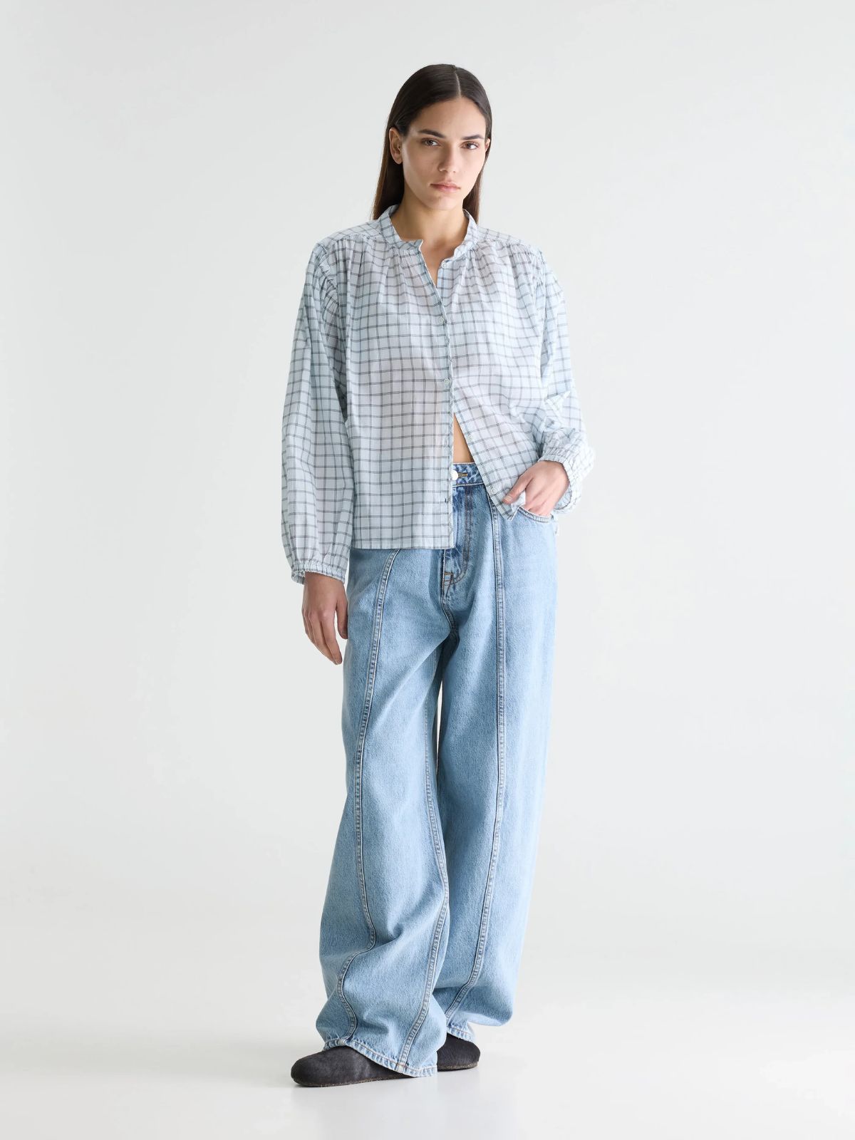 Cherry Check Blouse - Light Blue