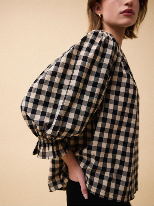 Jamie Big Check Blouse - Black & Beige