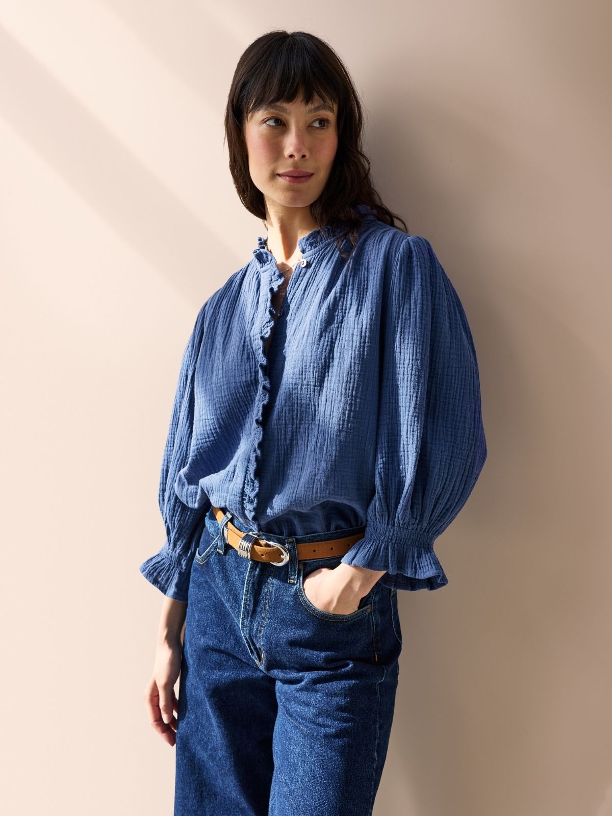 Frankie Double Cotton Gauze Blouse - Blue