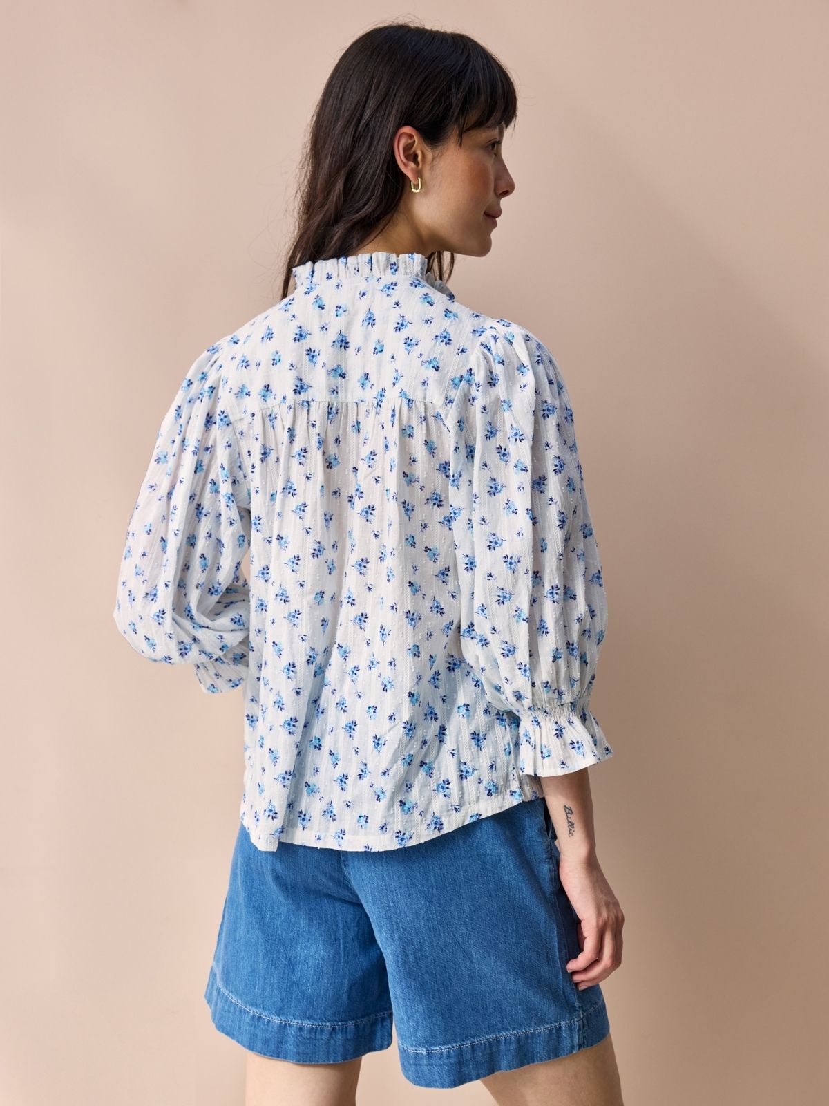 Frankie Ruffle Blouse - Blue Rose Print