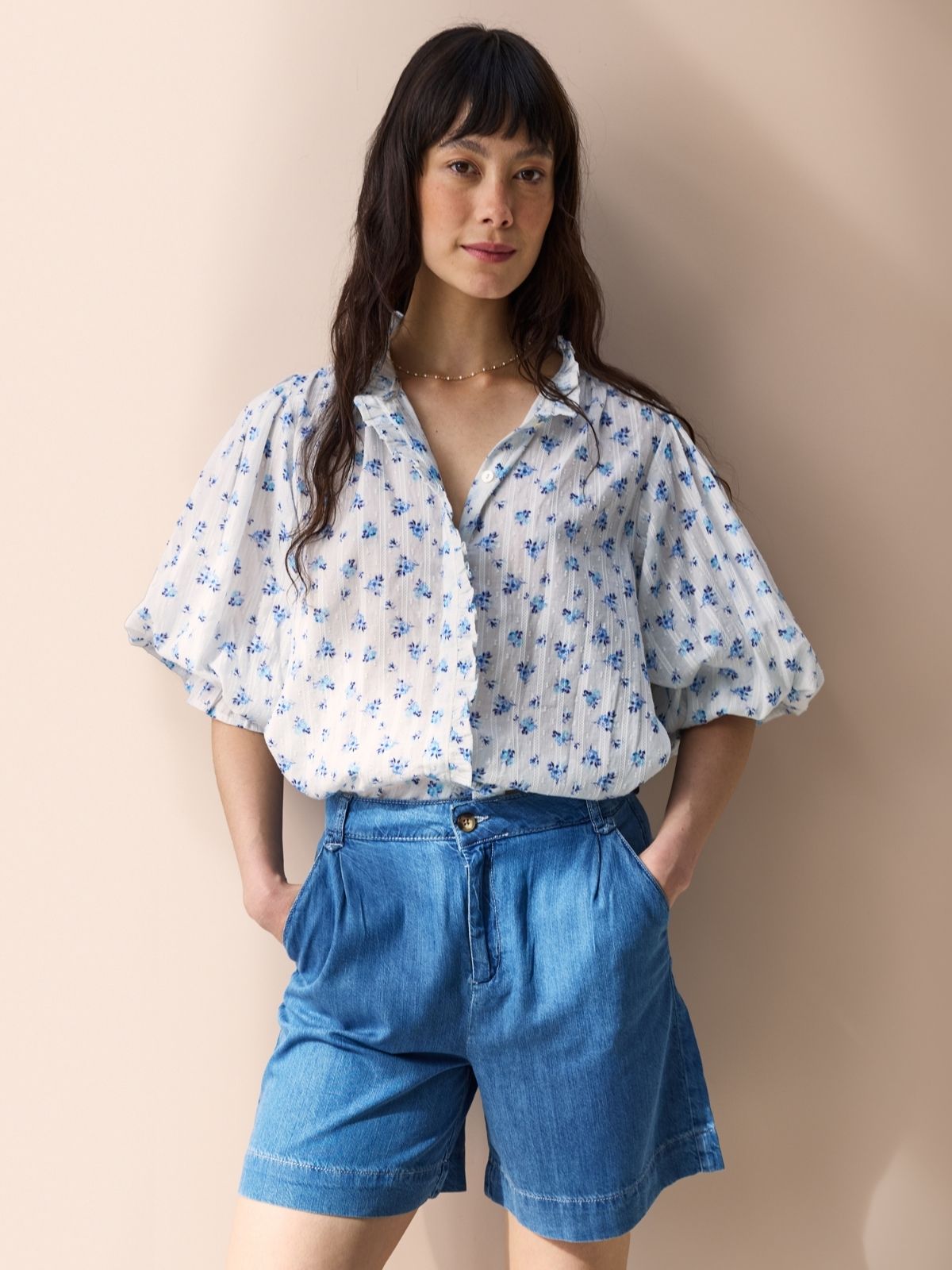 Frankie Ruffle Blouse - Blue Rose Print