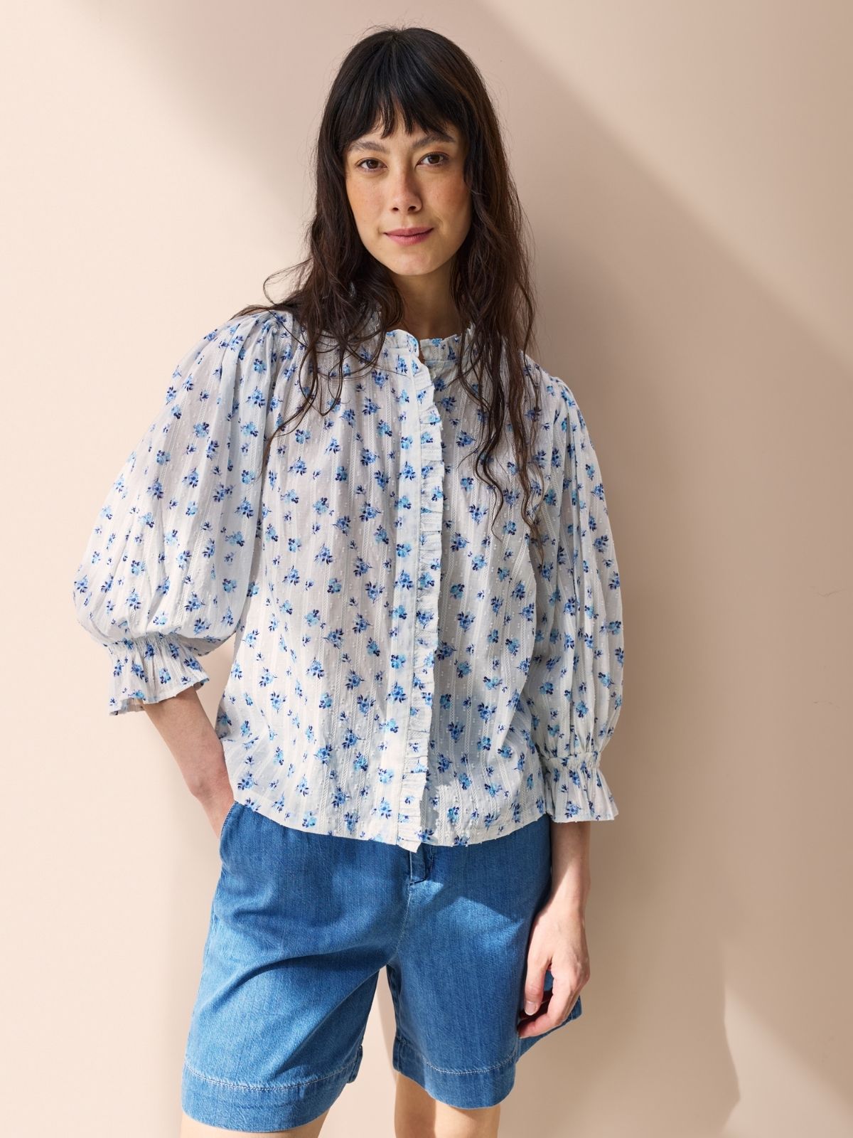 Frankie Ruffle Blouse - Blue Rose Print