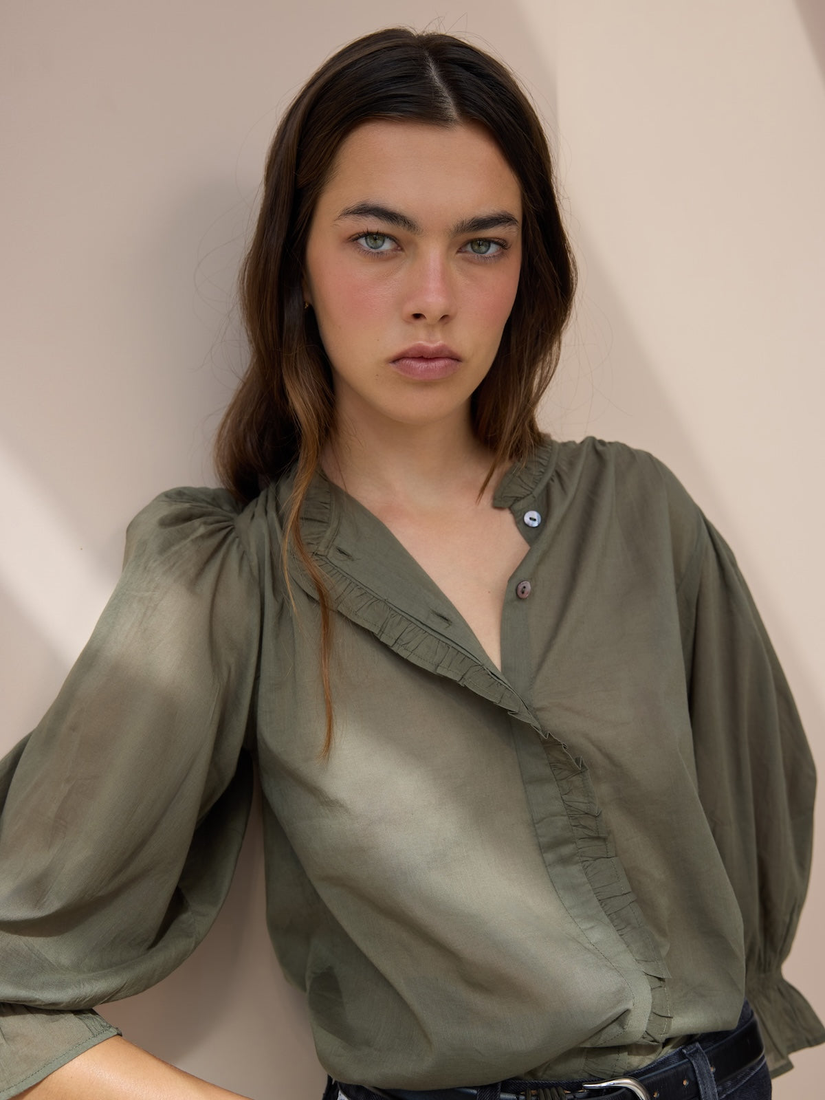 Frankie Voile Ruffle Blouse - Khaki