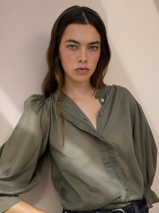Frankie Voile Ruffle Blouse - Khaki
