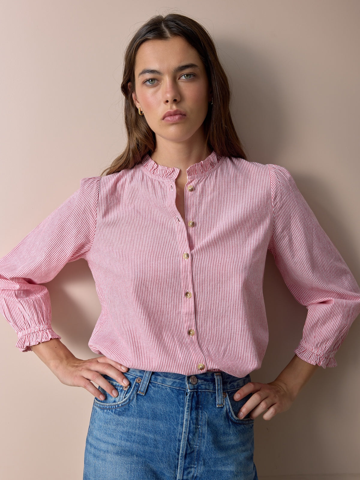 Imae Stripe Frill Blouse - Red
