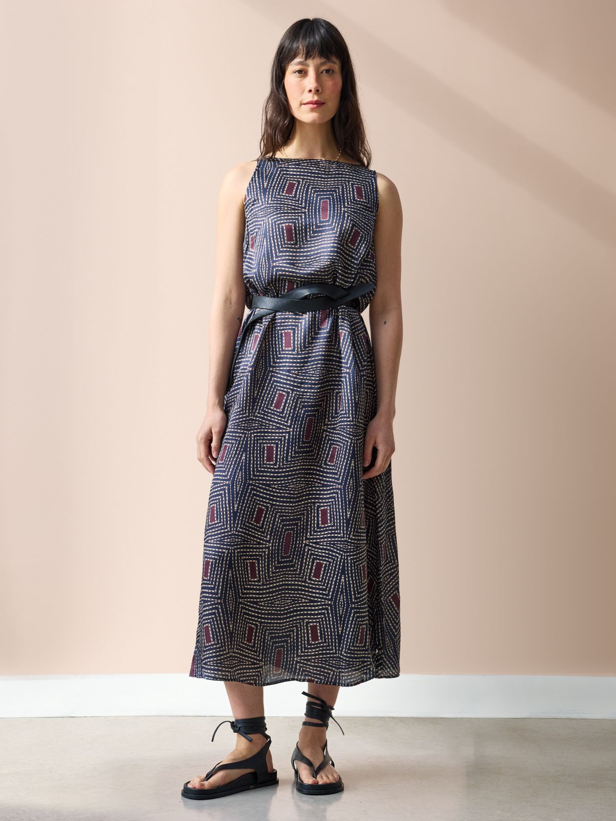 Ruca Silky  Print Dress - Navy