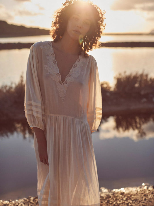 Eva Lace -Timmed  Neckline  Dress - Buttermilk