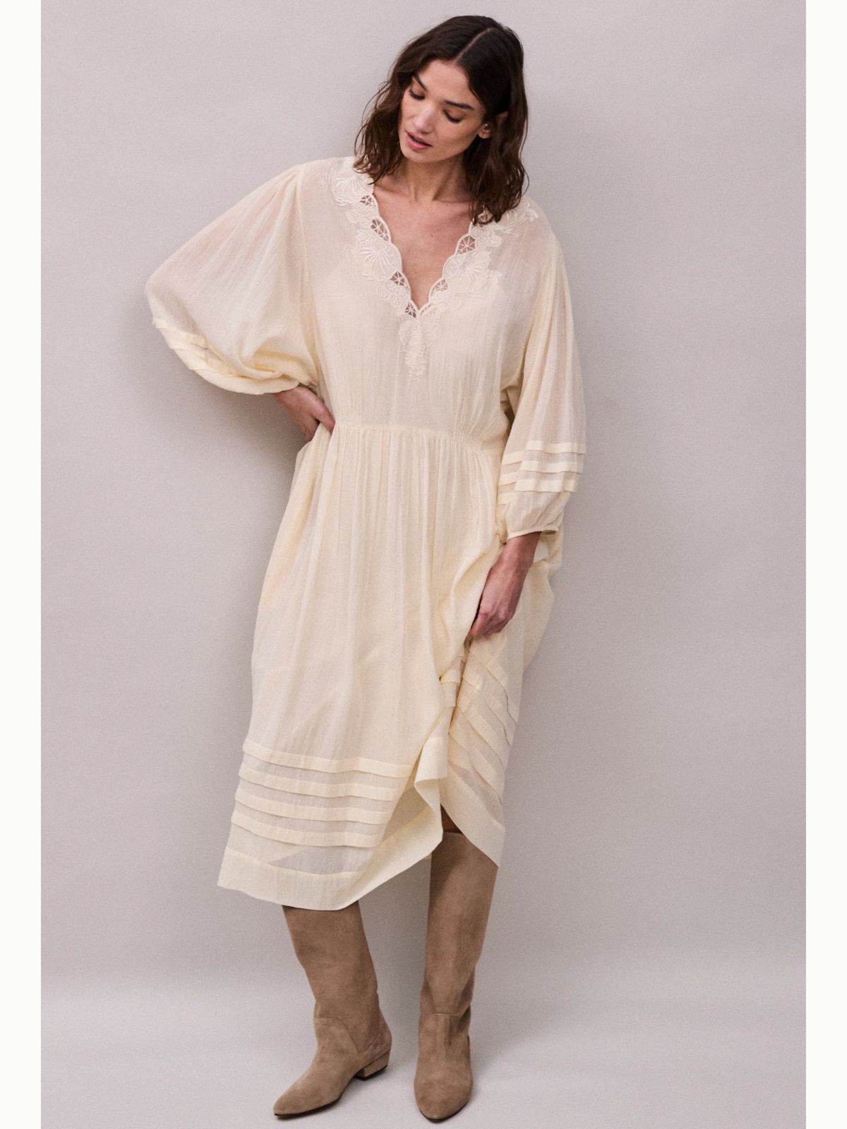 Eva Lace -Timmed  Neckline  Dress - Buttermilk