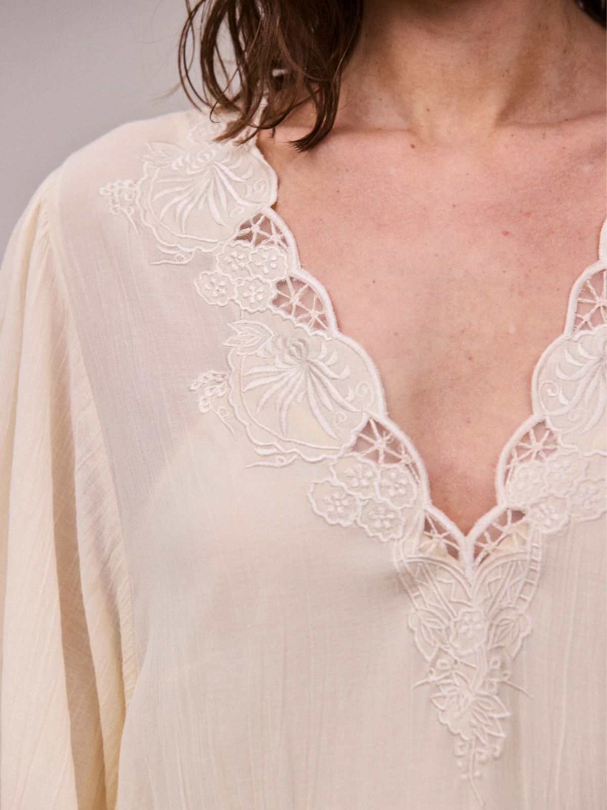 Eva Lace -Timmed  Neckline  Dress - Buttermilk