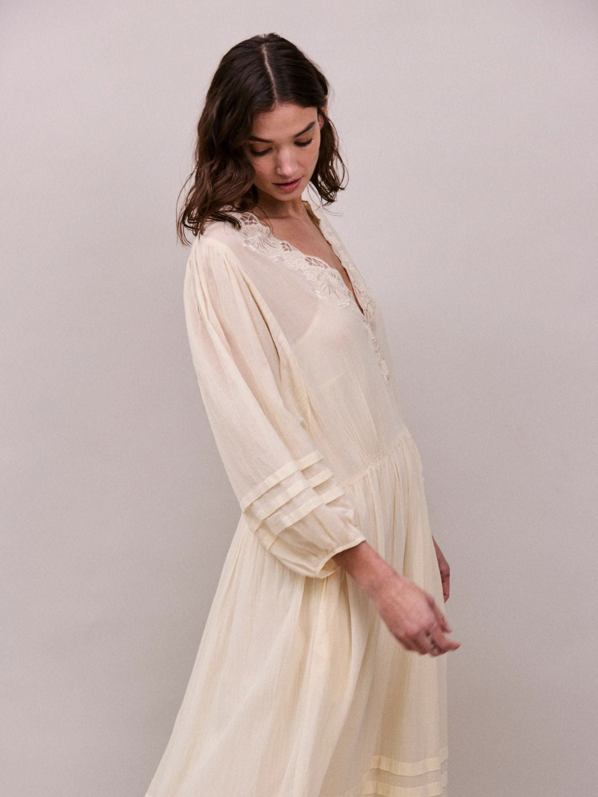 Eva Lace -Timmed  Neckline  Dress - Buttermilk