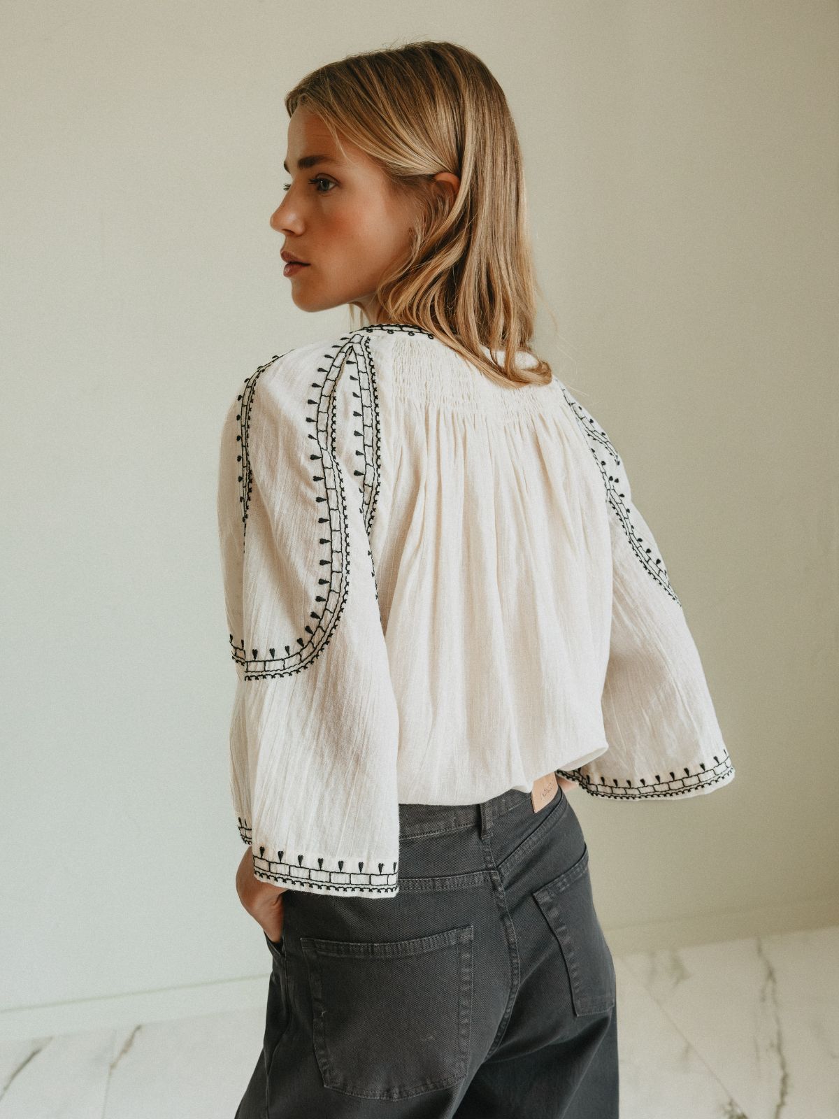 Embroidered Blouse - Black & Ecru