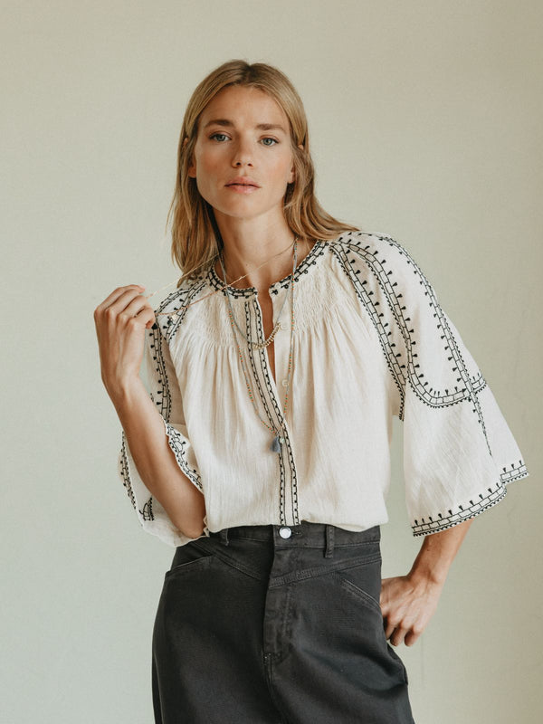 Embroidered Blouse - Black & Ecru