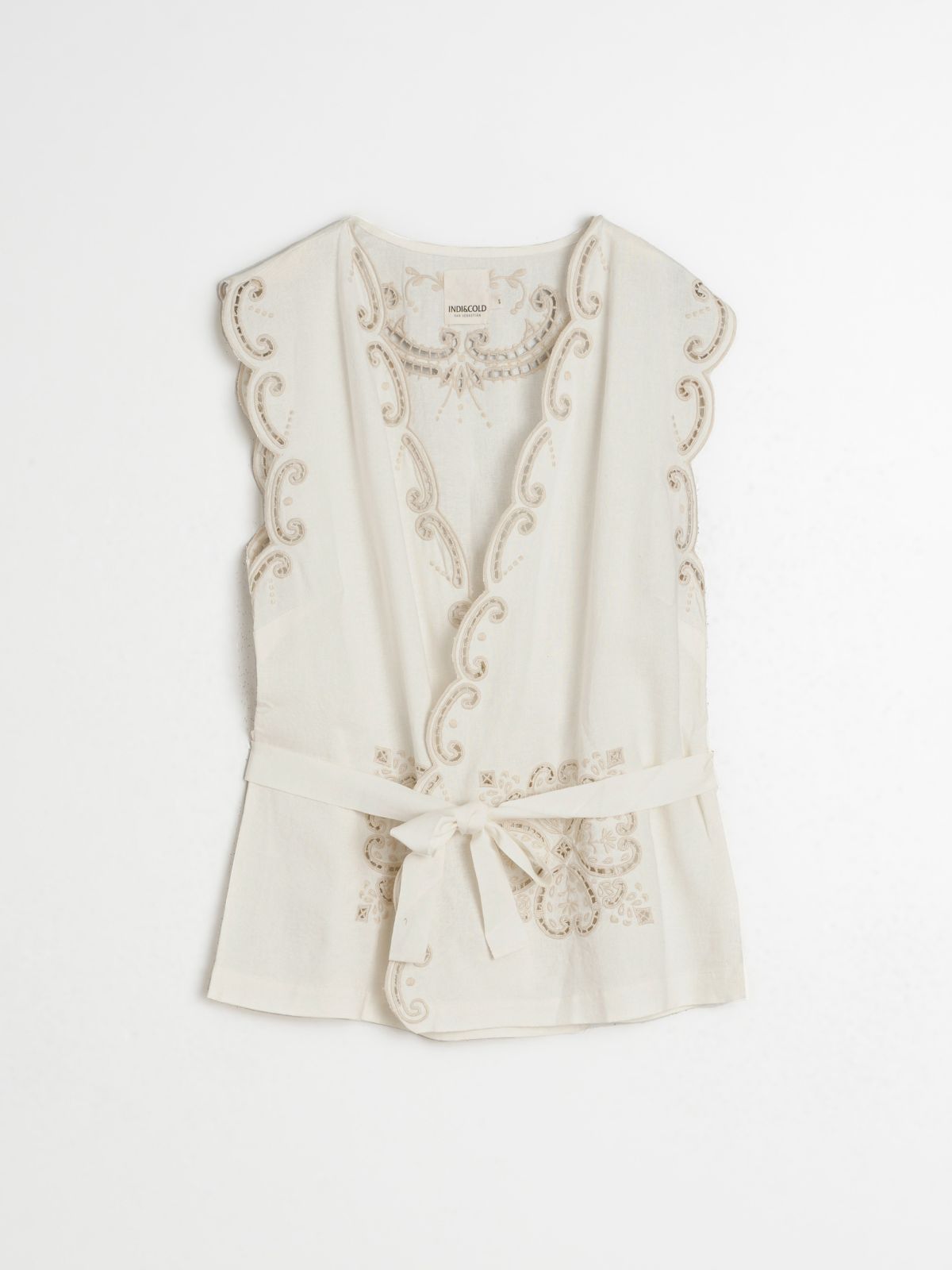 Embroidered  Belted Vest   - Ecru