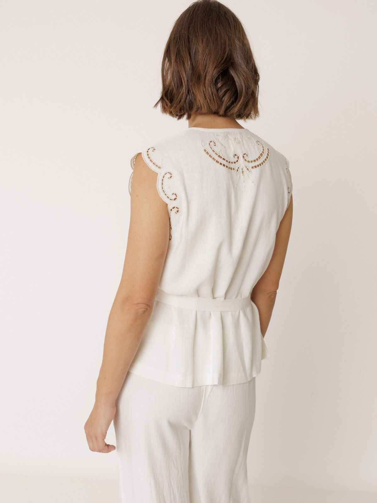 Embroidered  Belted Vest   - Ecru