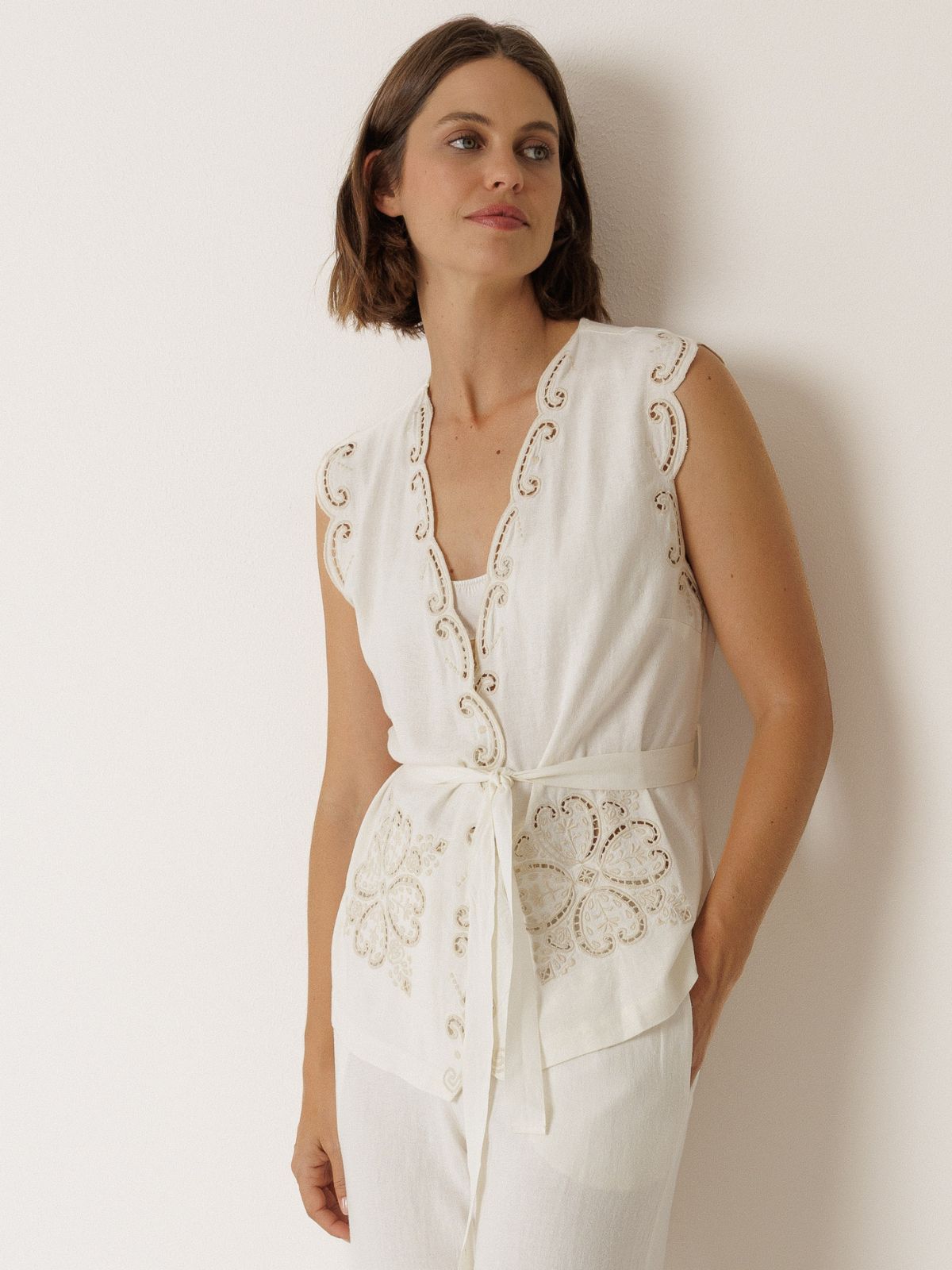 Embroidered  Belted Vest   - Ecru