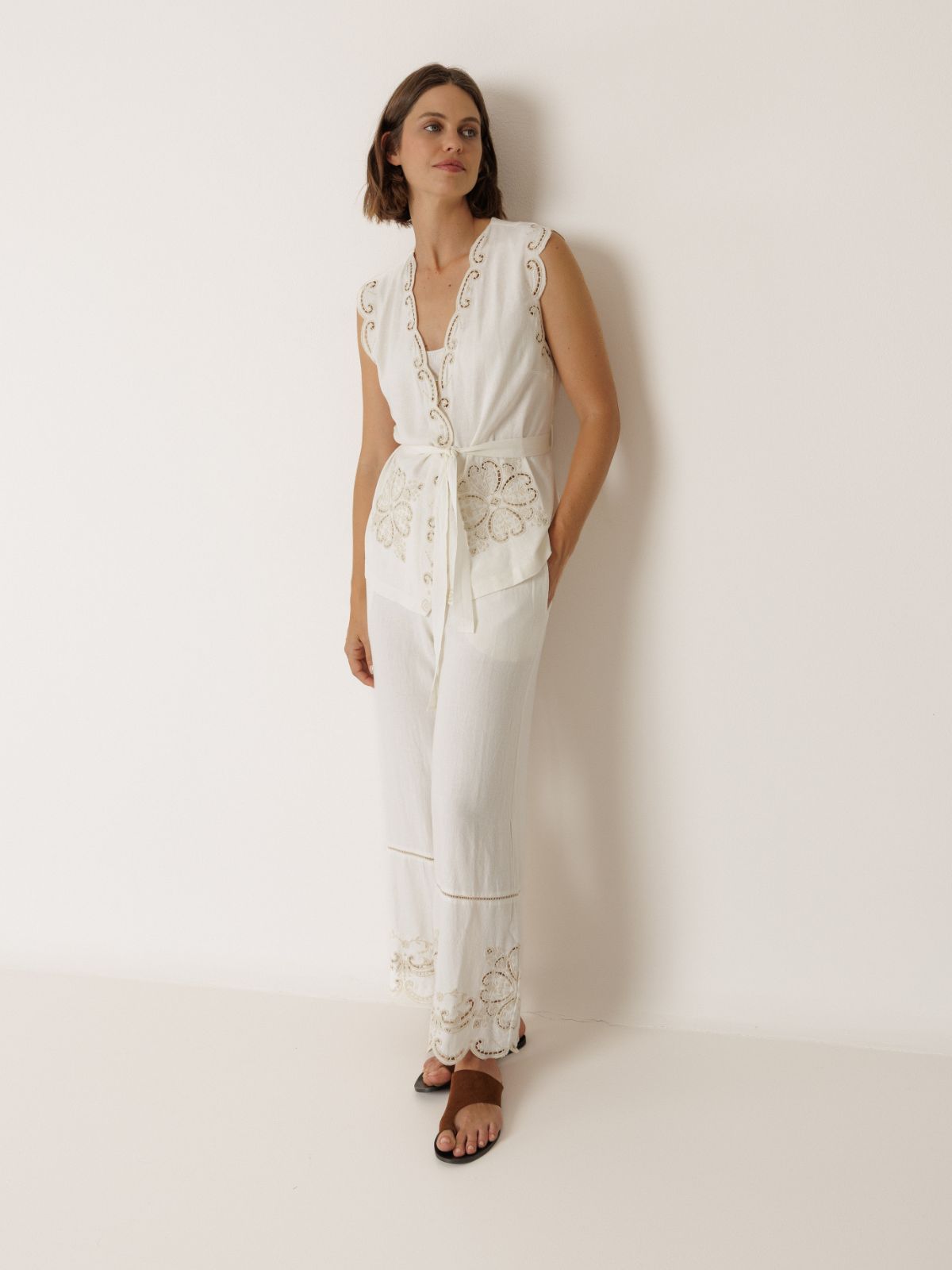 Embroidered  Belted Vest   - Ecru