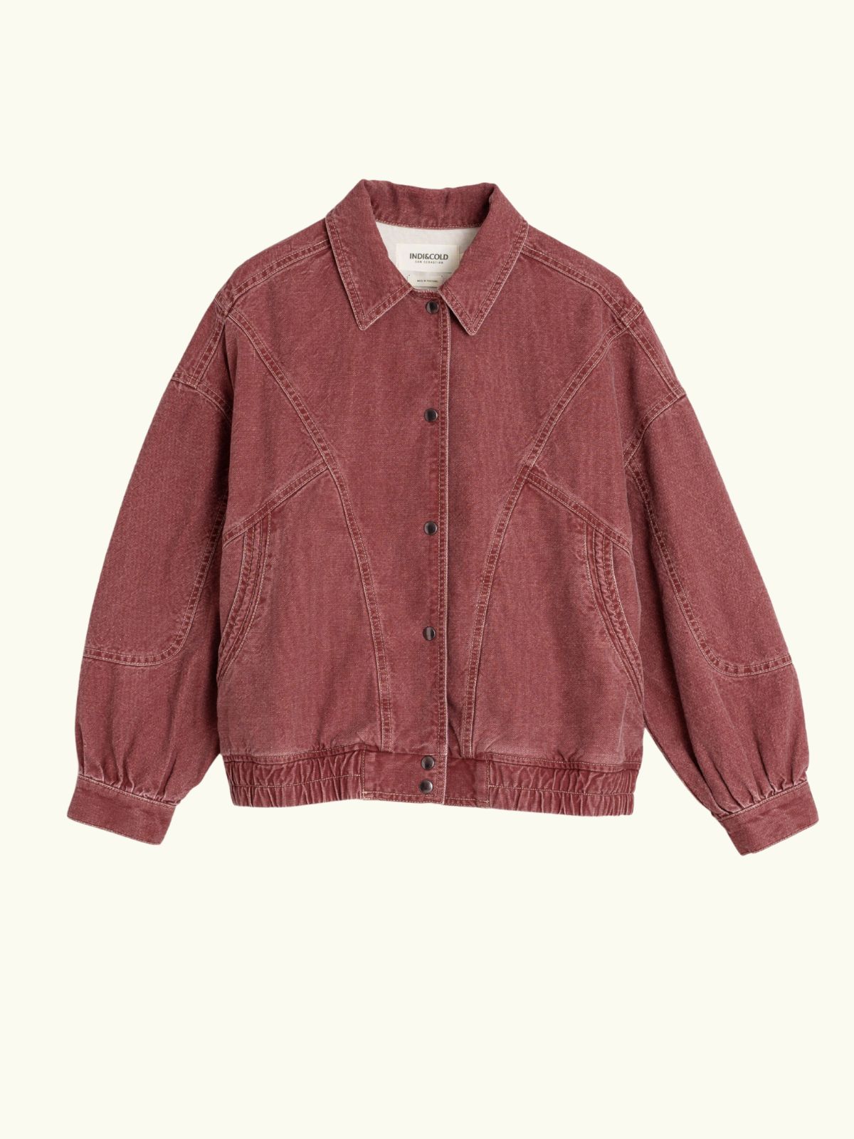 INDI & COLD Denim Bomber Jacket in Cherry
