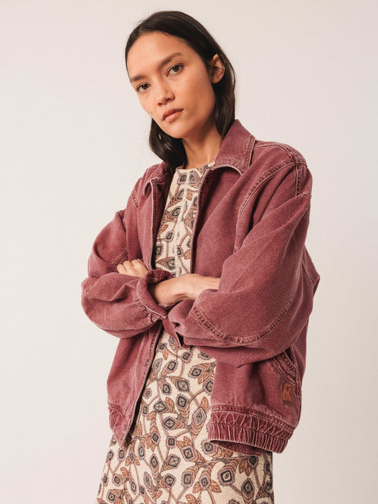 Denim Bomber Jacket - Cherry