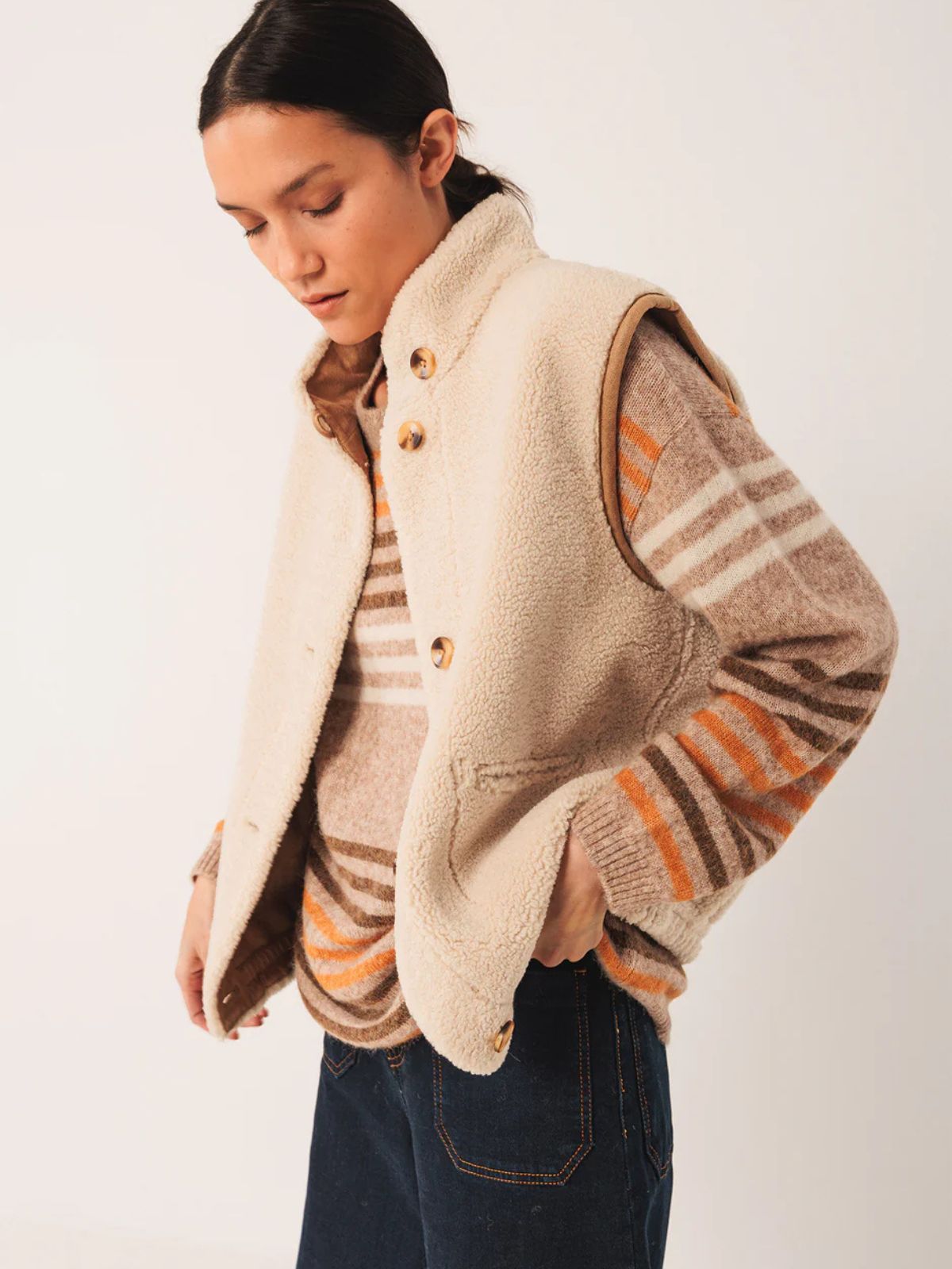 Shearling Style Reversible Vest - Beige