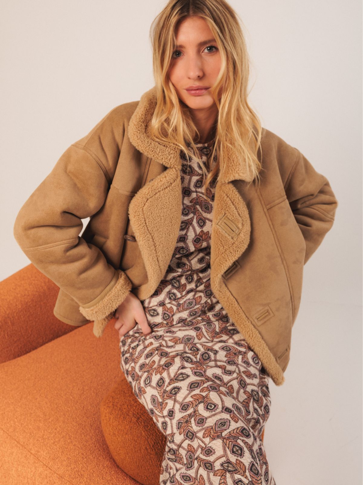 Short Shearling Style Coat - Sand