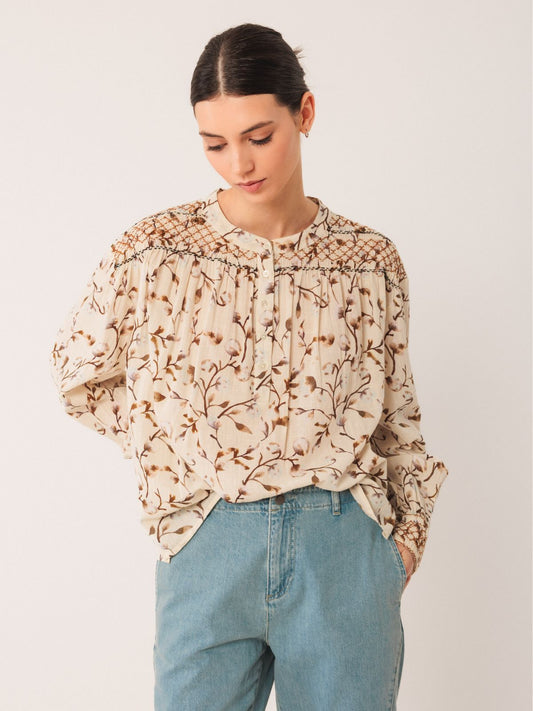 INDI & COLD Smocked Detail Floral Print Blouse