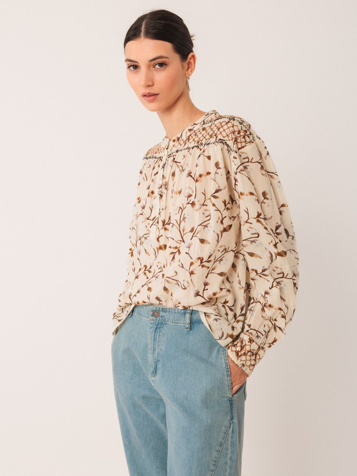 INDI & COLD Smocked Detail Floral Print Blouse