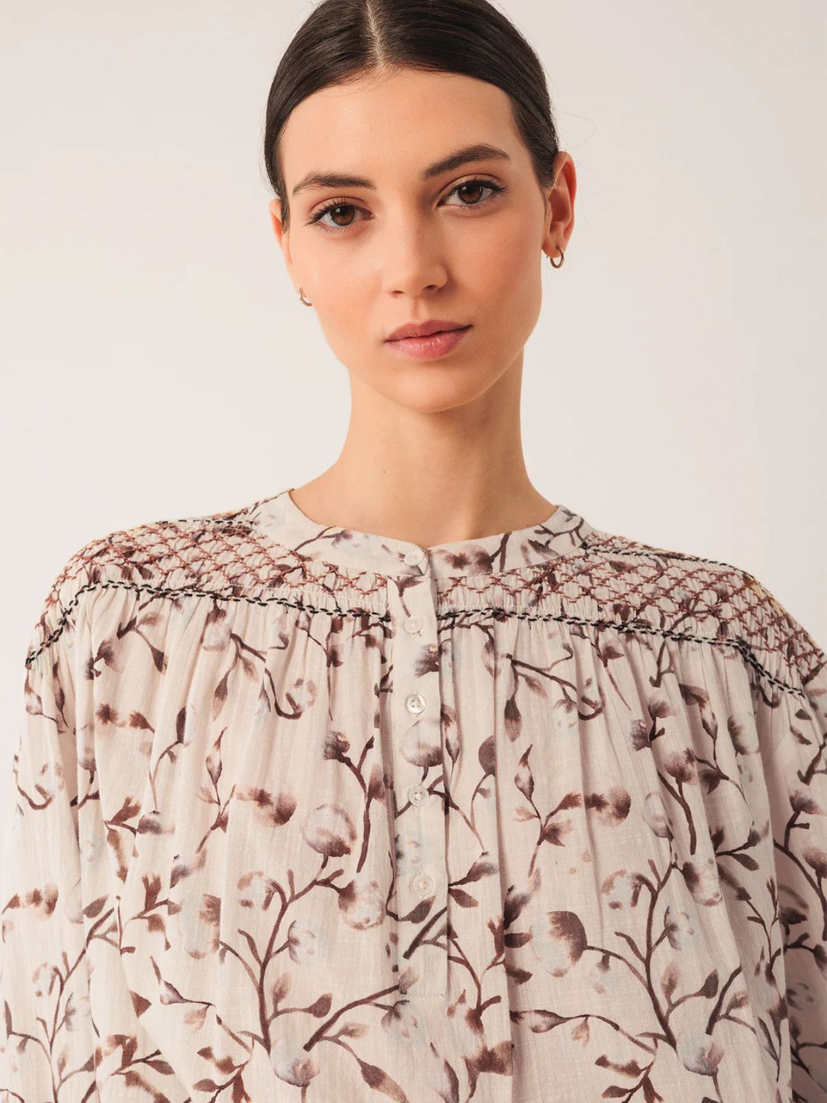 INDI & COLD Smocked Detail Floral Print Blouse