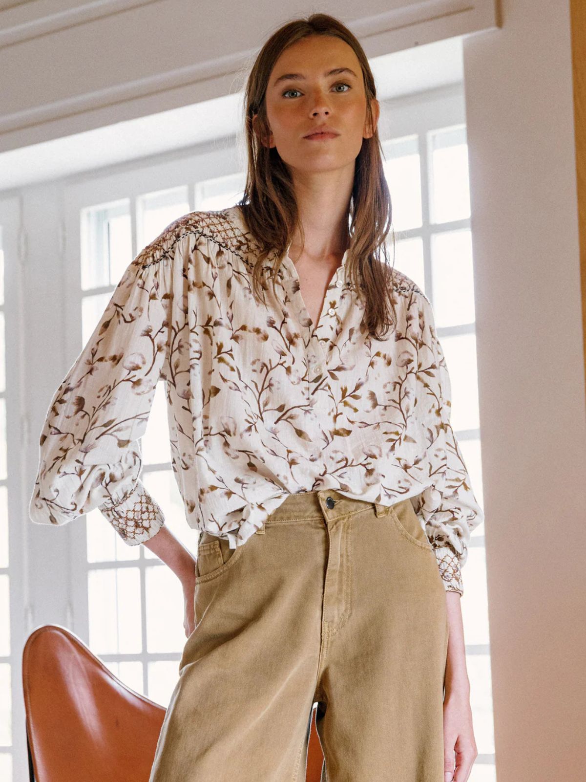 INDI & COLD Smocked Detail Floral Print Blouse