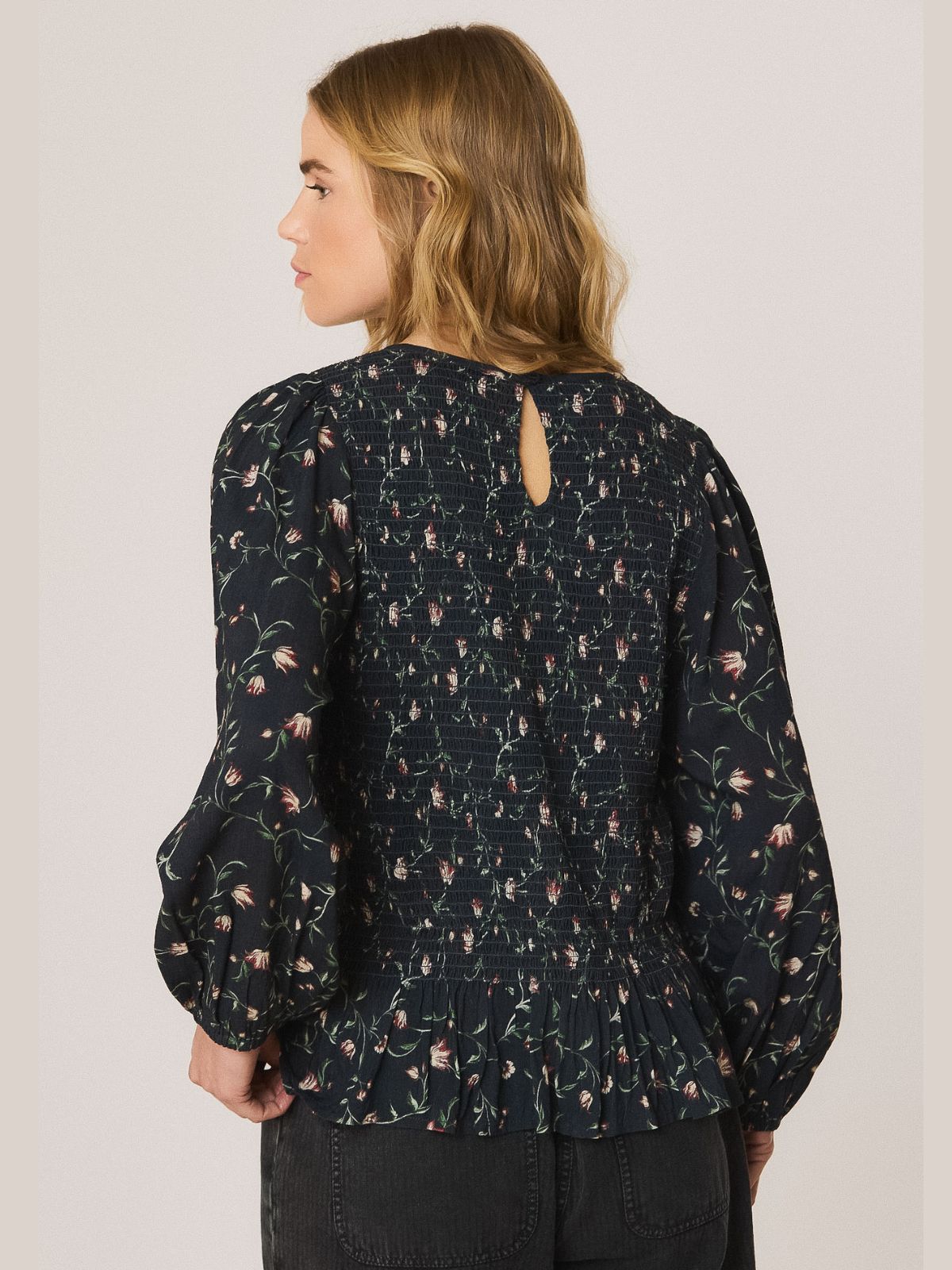 Floral Print Smock Blouse - Navy