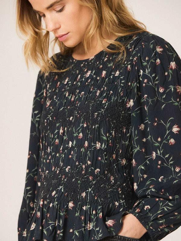 Floral Print Smock Blouse - Navy