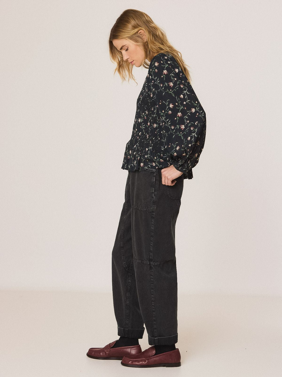 Floral Print Smock Blouse - Navy