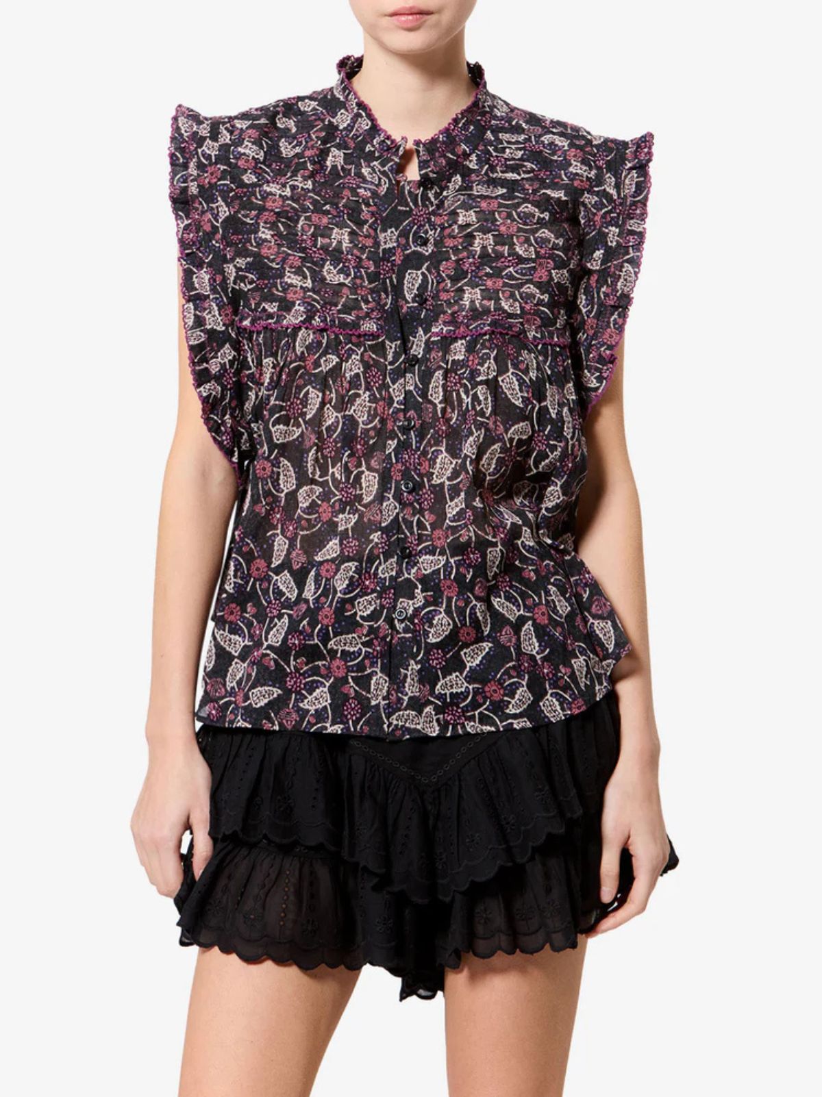 Dersia Print Frill Blouse - Black