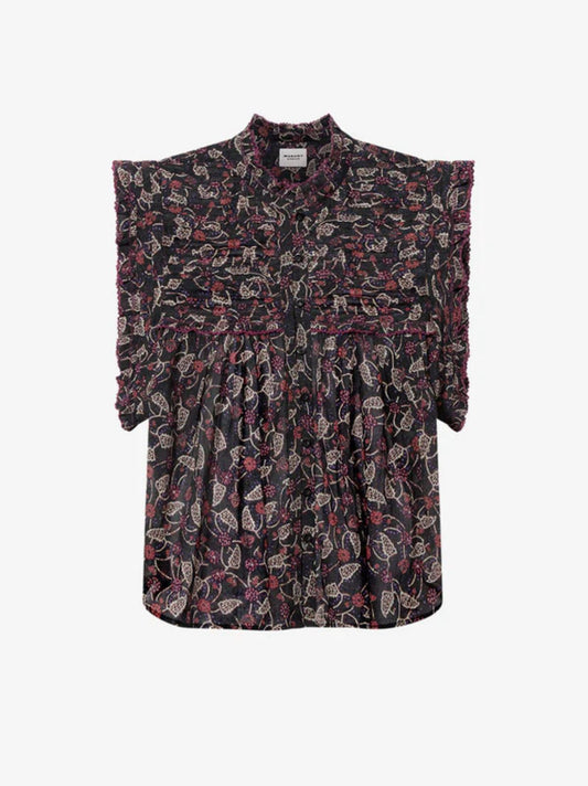 Dersia Print Frill Blouse - Black