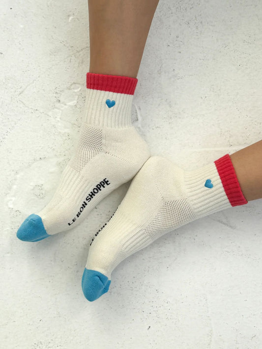 Embroidered Girlfriend Socks- Blue Red + Heart