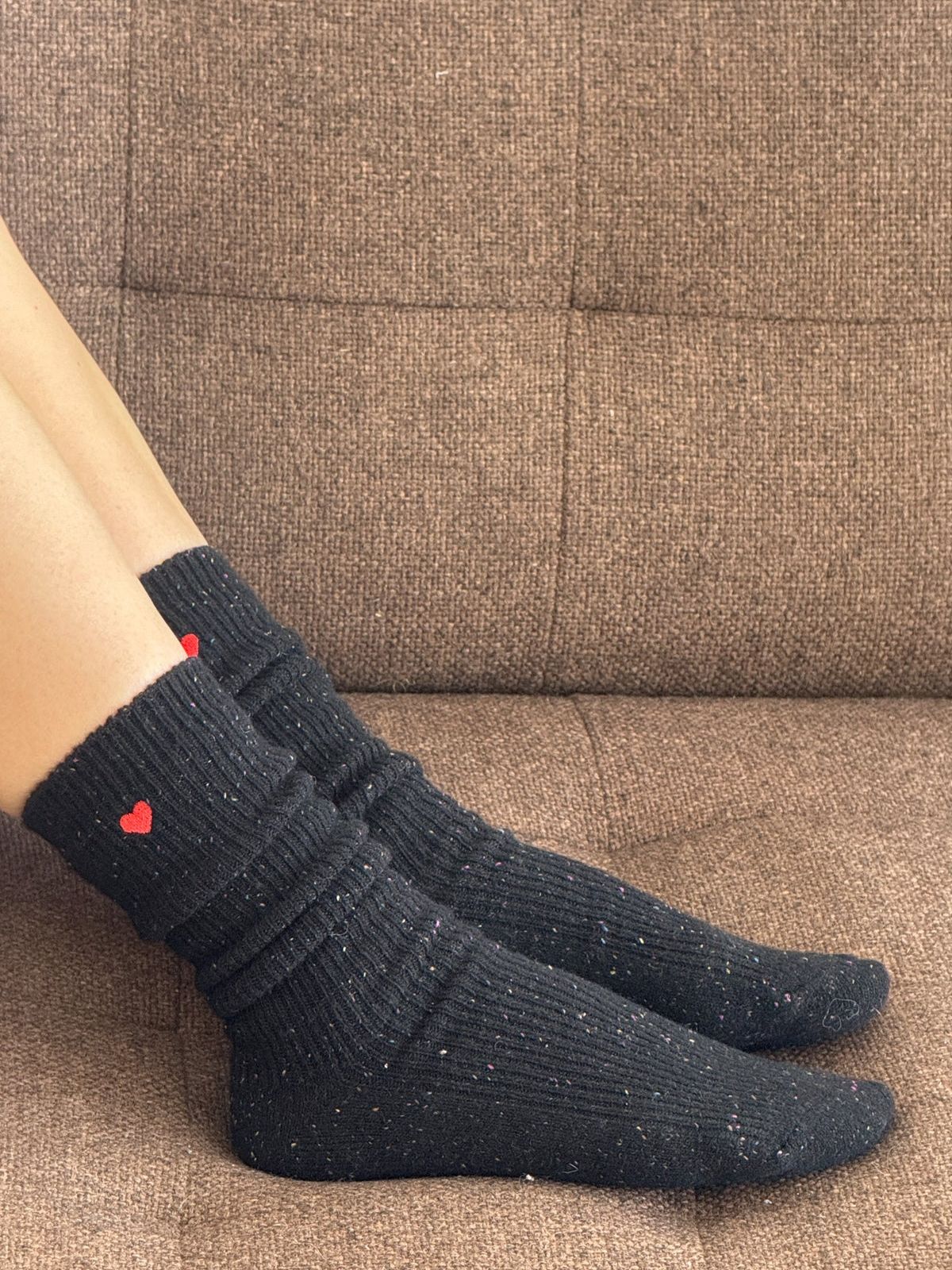 Embroidered Snow Socks -Black + Heart