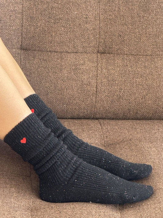 Embroidered Snow Socks -Black + Heart