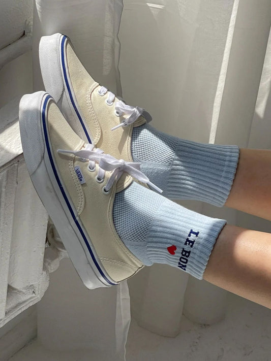 Embroidered Crew Socks - Sky Blue