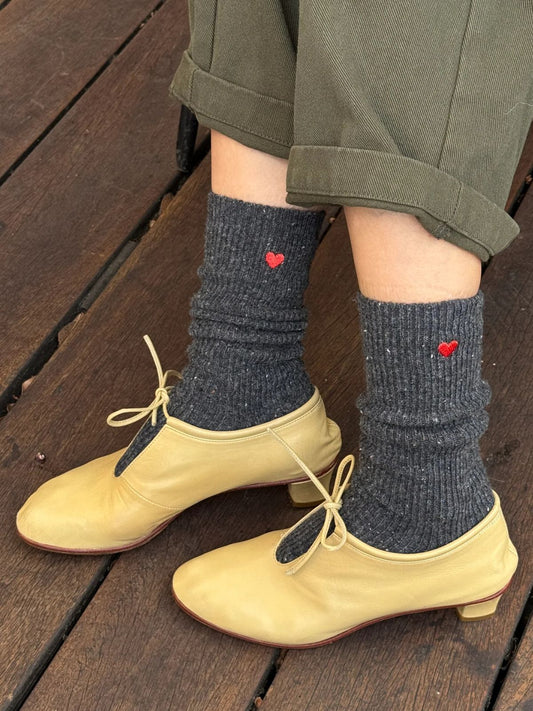 Embroidered Snow Socks - Charcoal + Heart