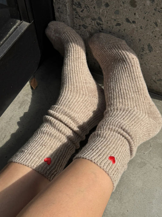 Embroidered Snow Socks - Tan + Heart