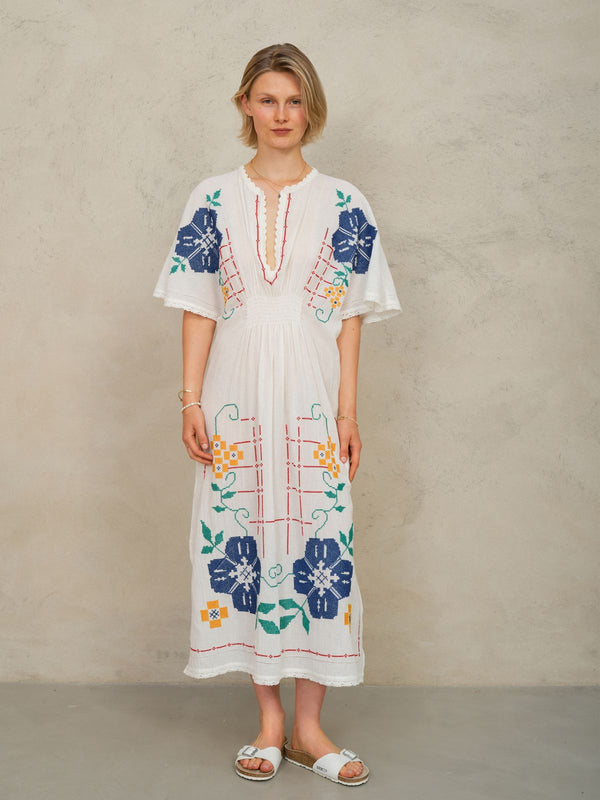 Laney Embroidered Dress - White & Blue